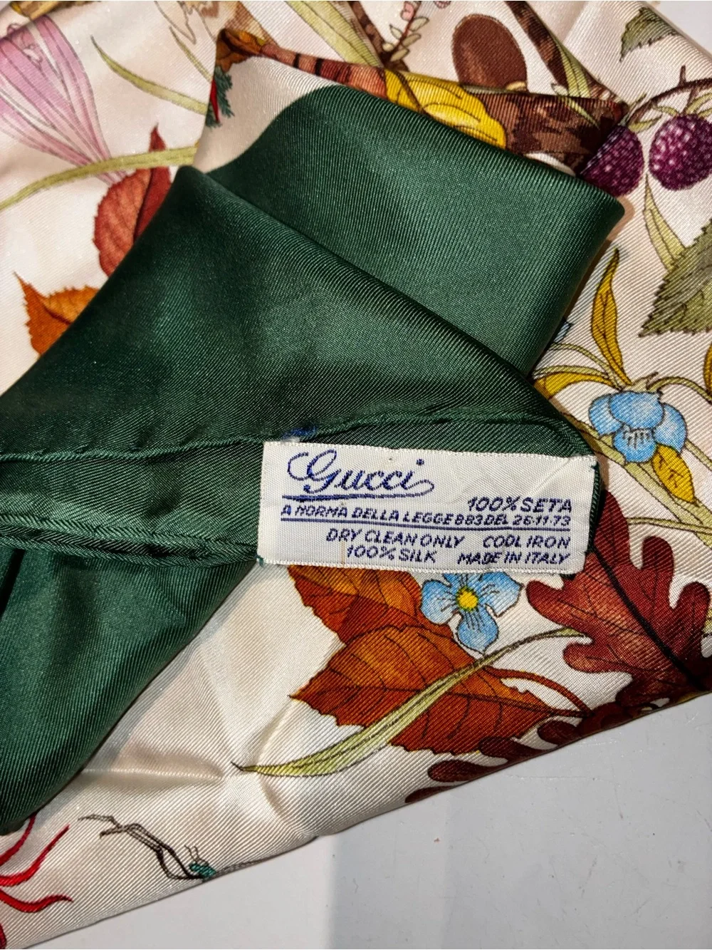 1960’s vintage Gucci Green Botanical Print Silk Scarf, xl 34”